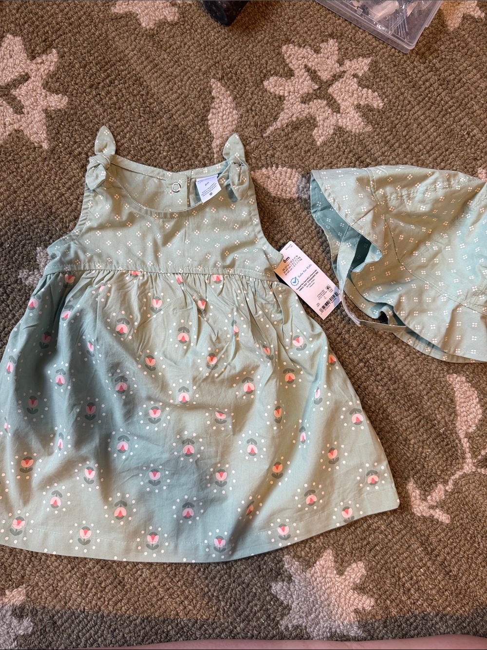 Carters NWT Green Floral Baby Dress with Matching Sun Hat